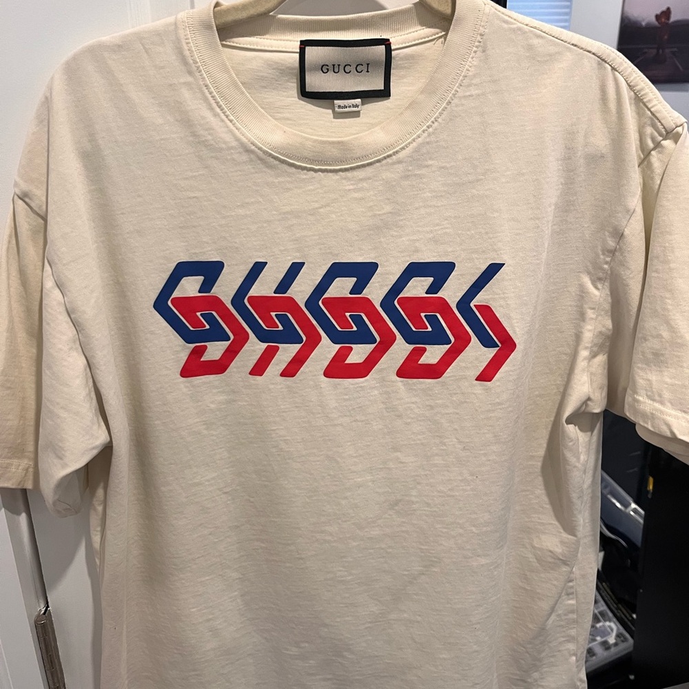 Gucci Men's Mirrored T-Shirt with Blue and Red Design